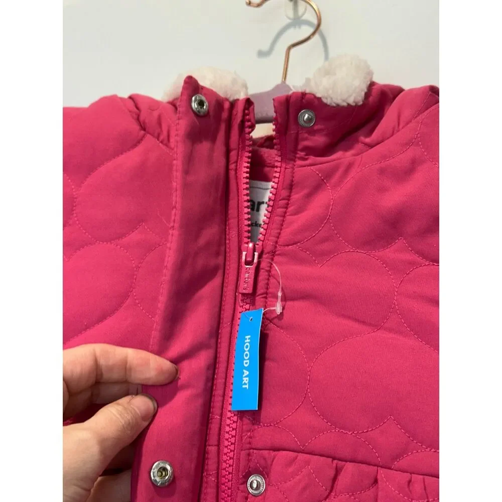 NWT Carter's Fuchsia Pink Heart Quilted Puffer Jacket Hood Size 4T